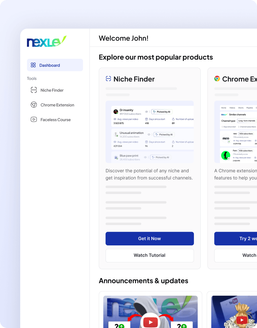 NexLev dashboard showing channel analytics, competitor tracking, and thumbnail research tools