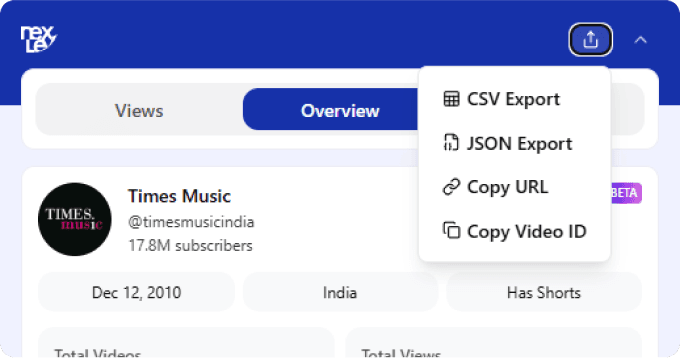 Export menu with CSV, JSON, copy URL and copy video ID options